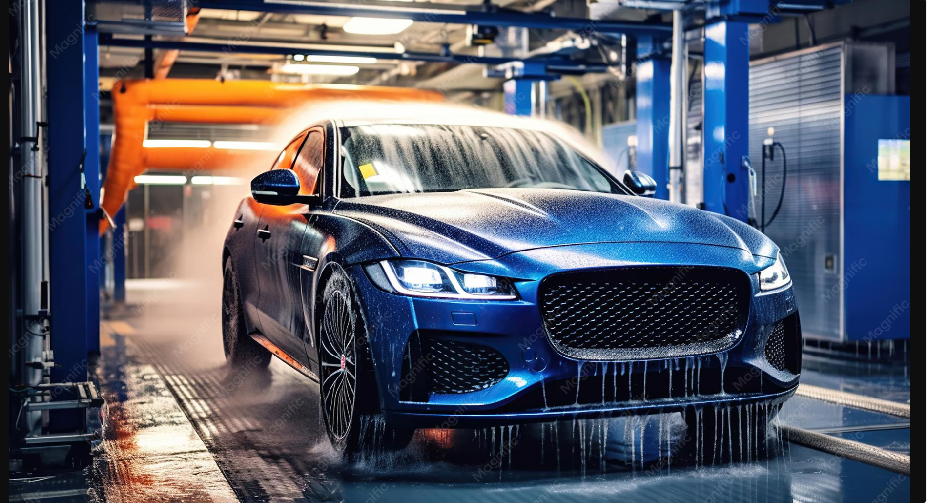 Blue car being washed in the wash bay